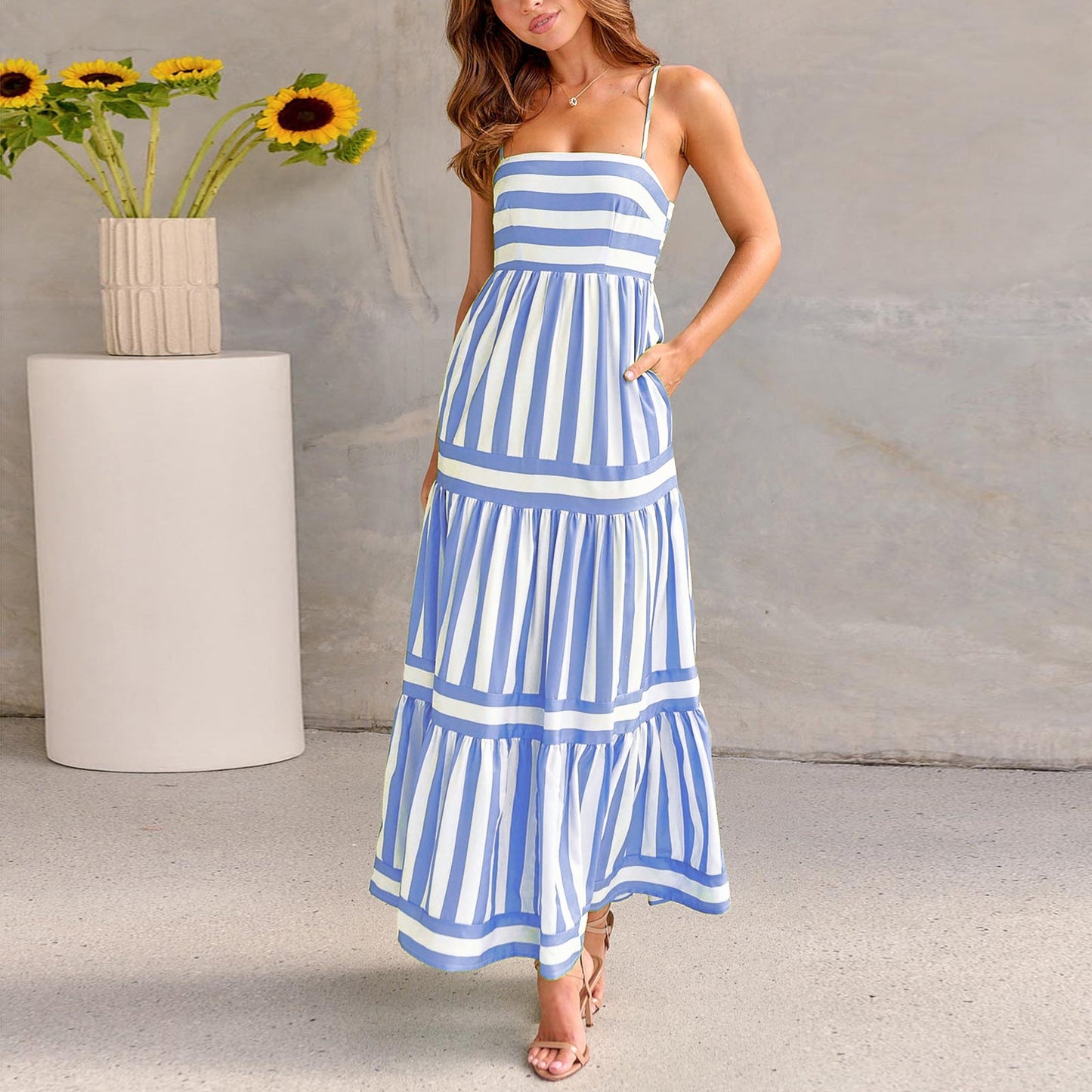 Robe Longue d’Été Femme – Rayures et Dos Nu