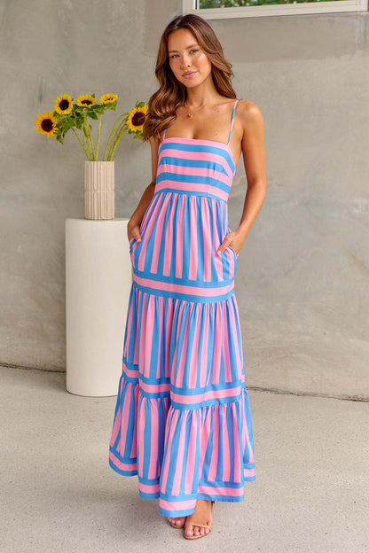 Robe Longue d’Été Femme – Rayures et Dos Nu
