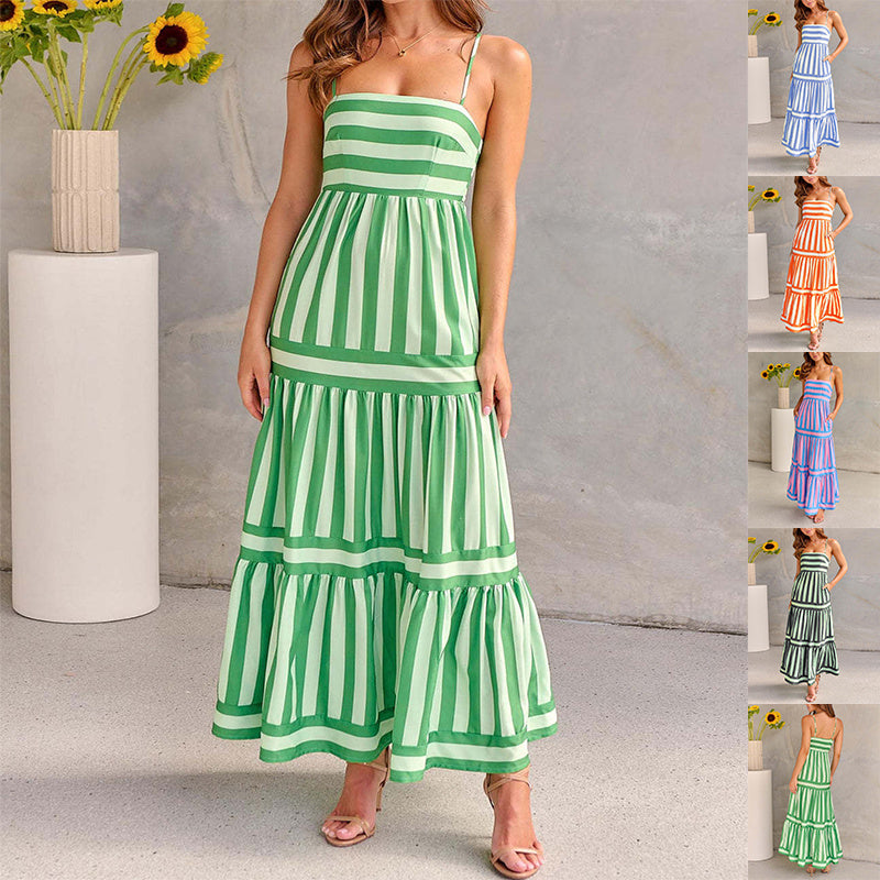 Robe Longue d’Été Femme – Rayures et Dos Nu