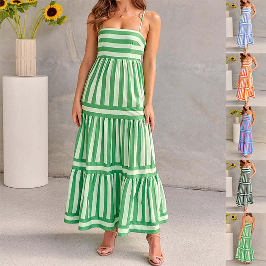 Robe Longue d’Été Femme – Rayures et Dos Nu