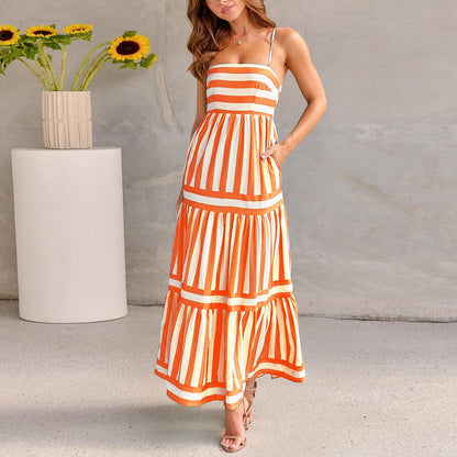 Robe Longue d’Été Femme – Rayures et Dos Nu