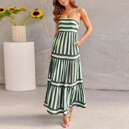 Robe Longue d’Été Femme – Rayures et Dos Nu
