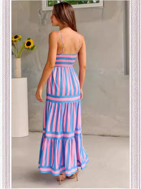 Robe Longue d’Été Femme – Rayures et Dos Nu