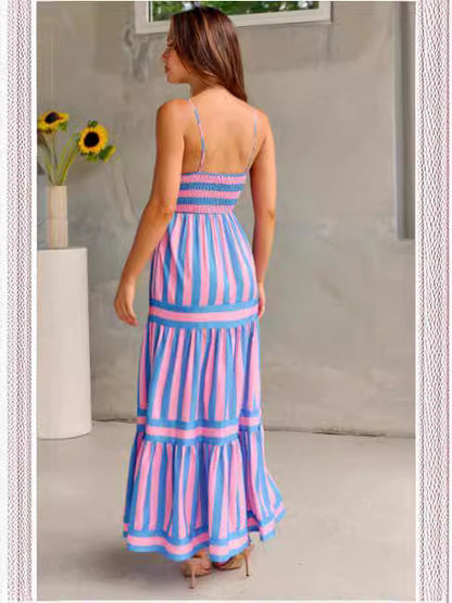 Robe Longue d’Été Femme – Rayures et Dos Nu